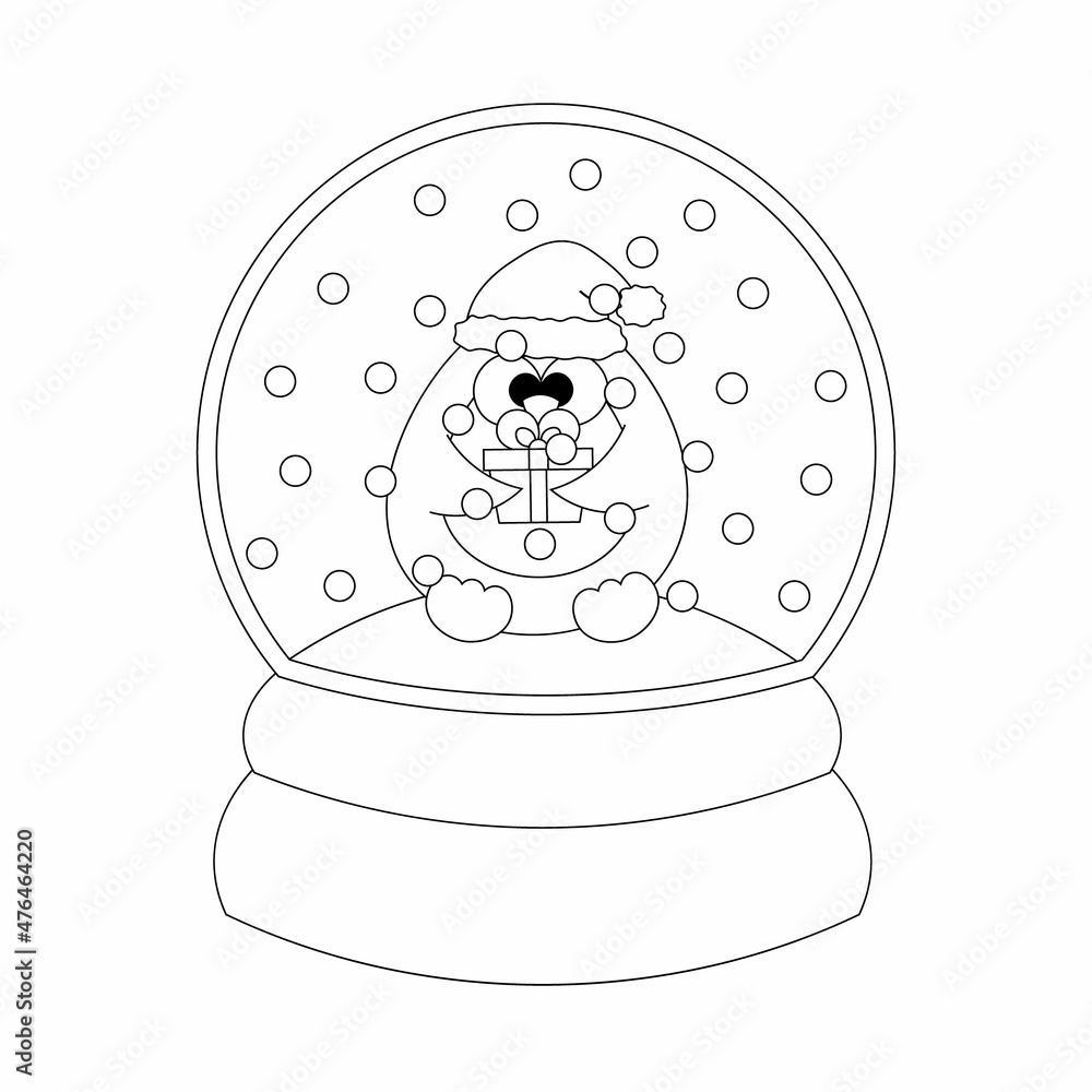 Naklejka premium Christmas snowball with Penguin and gift box. Draw illustration in black and white