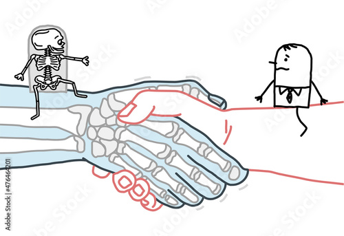 Cartoon Man and Skeleton Meeting on a big Handshake