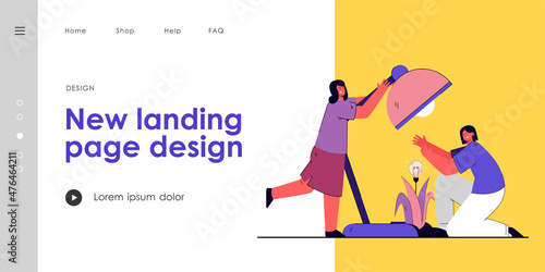 Women caring about new idea. Two females caring about light bulb plant symbolizing some innovation. New business idea, startup project concept for banner, website design