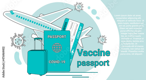 Vaccination and travel.Prevention of COVID-19.Vaccine passport on the background of a ticket and a suitcase.An illustration in the style of a landing page in green.