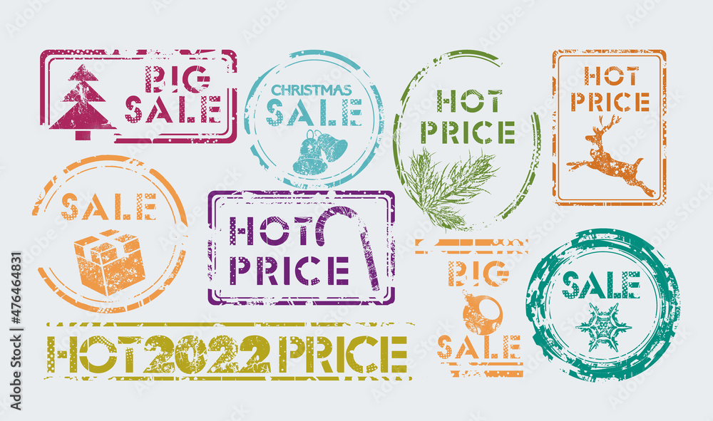 Obraz premium Christmas SALE stamp set, NEW YEAR symbols, vector design.