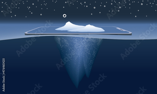 Icebergs, eyeballs, and smart phone, illustrating idea of big data and audiences on mobile devices