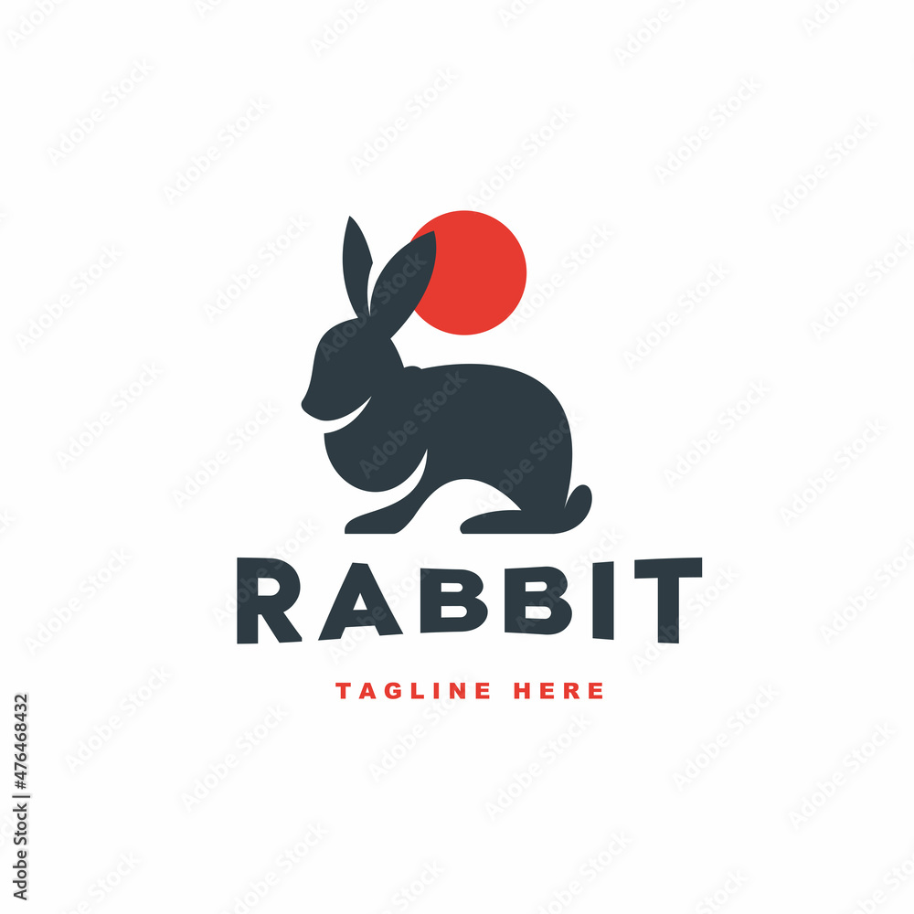 Fototapeta premium Silhouette rabbit, sun and simple logo for a mammal farm or minimalist pet shop