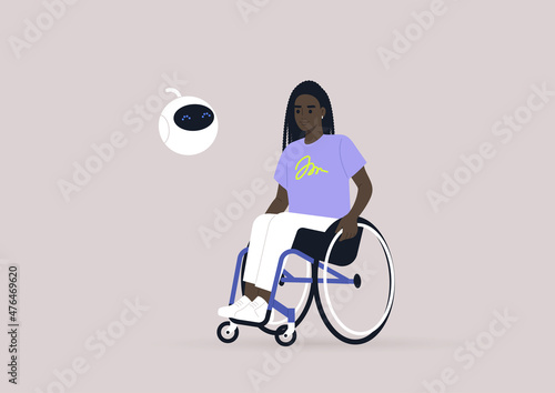 A young female African wheelchair user chatting with a cute round robot, new technologies and modern lifestyle