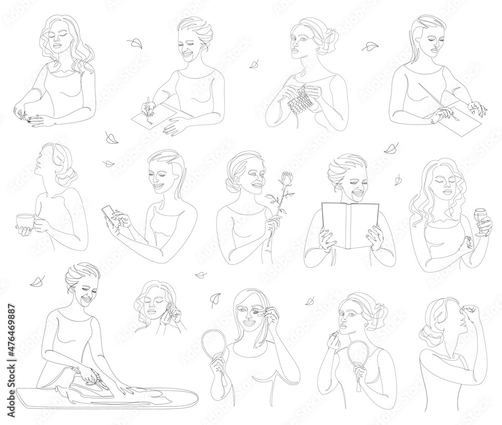 Collection. The life of a woman. Silhouettes of a lady with a cup, pen, knitting, phone, book in modern one line style. Solid line, outline for posters, stickers, logo. Set of vector illustrations.