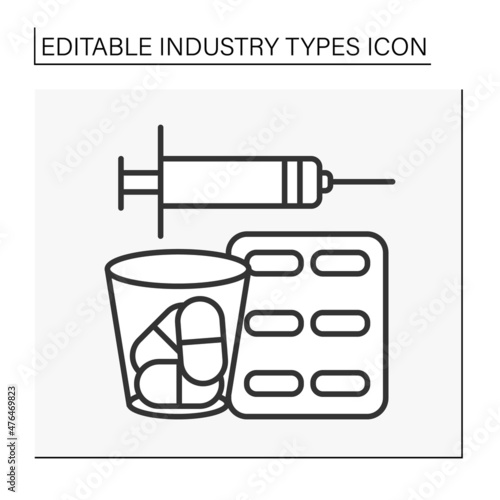  Pharmaceutical industry line icon. Produce, develop and distribute medicines. Drugs and injections.Business concept. Isolated vector illustration. Editable stroke