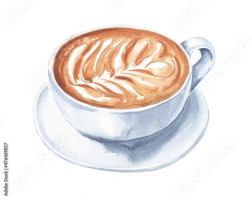 Fotografering Watercolor cup of cappuccino on white background