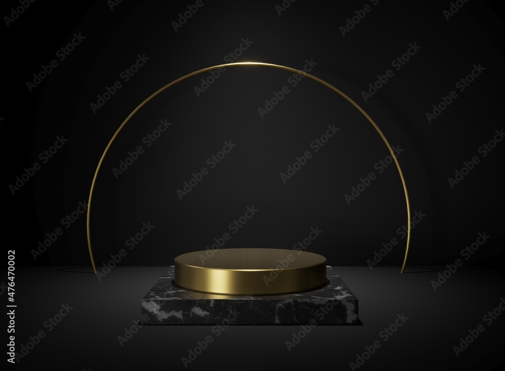 3d rendering black box marble, gold cylinder podium, circle gold line and black wall and floor