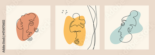Set of modern portraits with hairstyle on the background of abstract shapes in line art style isolated. Contemporary hand drawn vector illustrations with continuous line face in minimalistic elegant