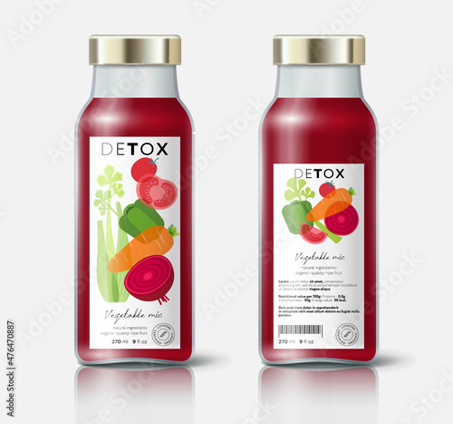 Vegetable detox. Beetroot, tomato, carrot, celery and bell pepper mix. Beautiful transparency whole and cut fruits. Bottle template with face and back labels.