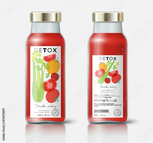 Vegetable detox. Tomato and celery mix. Beautiful transparency whole and cut fruits. Bottle template with face and back labels.