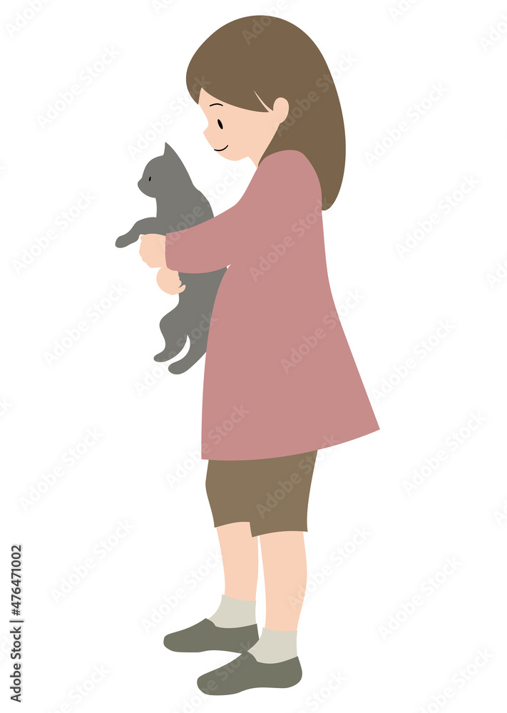 イラスト素材:猫を抱える女の子 イラスト素材:猫を抱える女の子