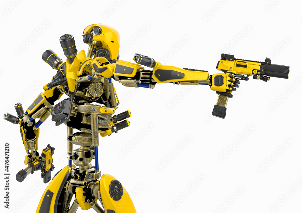super robot is holding two pistols rear view super robot is holding two pistols rear view