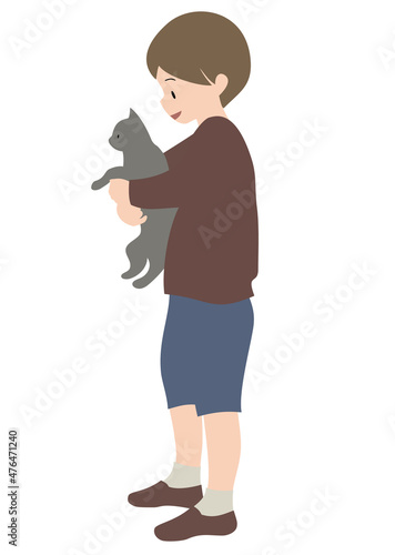 イラスト素材：猫を抱える男の子