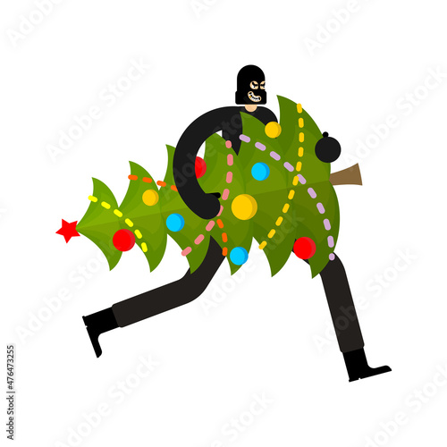 Thief stolen Christmas tree. Burglar Stole Christmas. Criminal carries fir-tree. New Year is canceled. There will be no holiday
