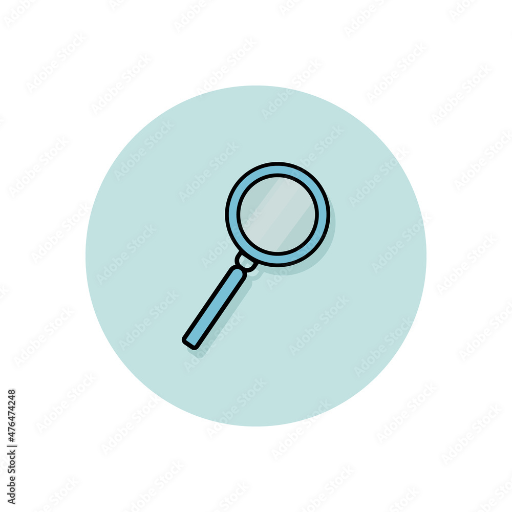Magnifier flat illustration icon in blue circle. Magnifying glass icon isolated on white background. Science, research, search concept. Minimalistic symbol Magnifier flat illustration icon in blue circle. Magnifying glass icon isolated on white background. Science, research, search concept. Minimalistic symbol
