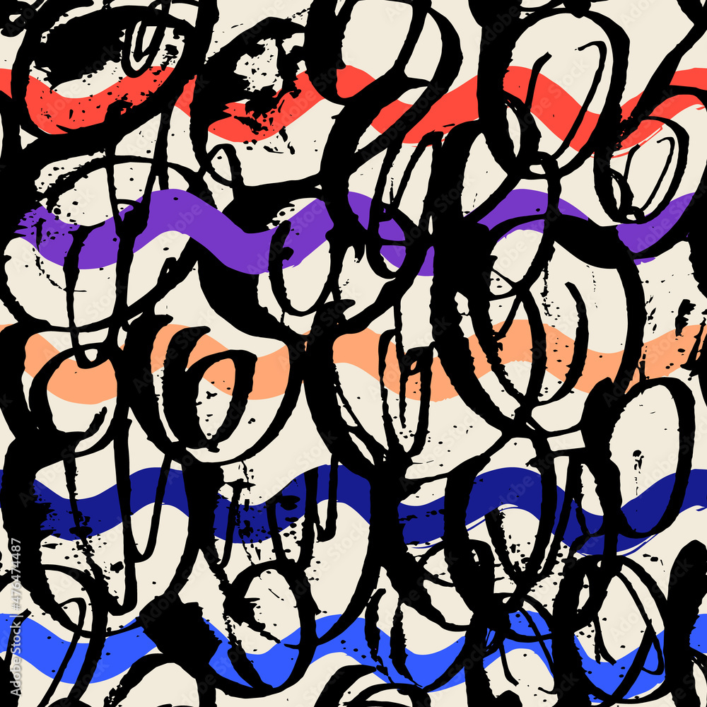 Vector seamless scribble pattern, made of chaotic lines. Black and white colors surface design with neon waves. Vector seamless scribble pattern, made of chaotic lines. Black and white colors surface design with neon waves.