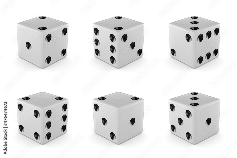 Set of six white dice with different numbers. 3d rendering. Set of six white dice with different numbers. 3d rendering.