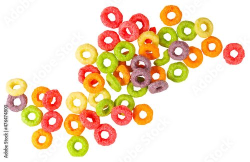 Obraz na płótnie Colorful corn rings isolated on white background. Breakfast cereals w salonie