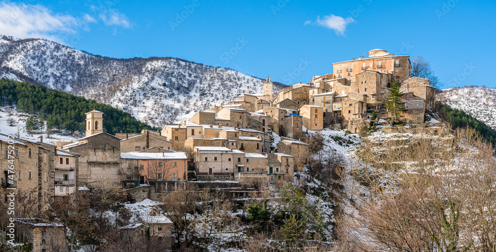 The beautiful village of Villalago, covered in snow during winter season. Province of L'Aquila, Abruzzo, Italy.