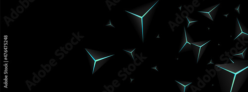 Obsidian Triangular Background Black Vector. Onyx Crystal Fiber. Prism Concept Template. Blue Neon Decorative Card.