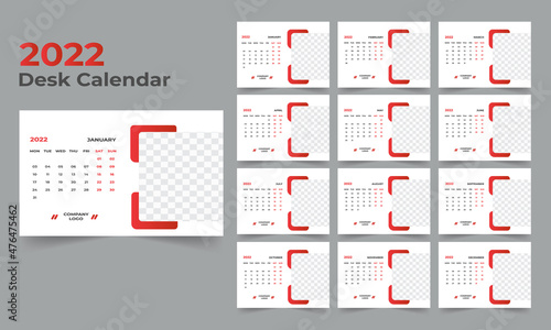 Desk Calendar template. The week start Monday on Sunday. Set of 12 Month.