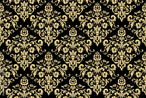 Wallpaper in the style of Baroque. Seamless vector background. Gold and black floral ornament. Graphic pattern for fabric, wallpaper, packaging. Ornate Damask flower ornament