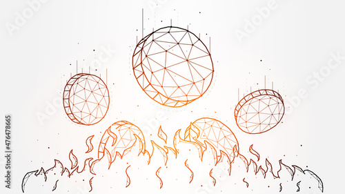 Polygonal vector illustration of falling coins in flames of fire. Burning coins concept. Money, cash and finance geometric art. Financial background, banner or template.