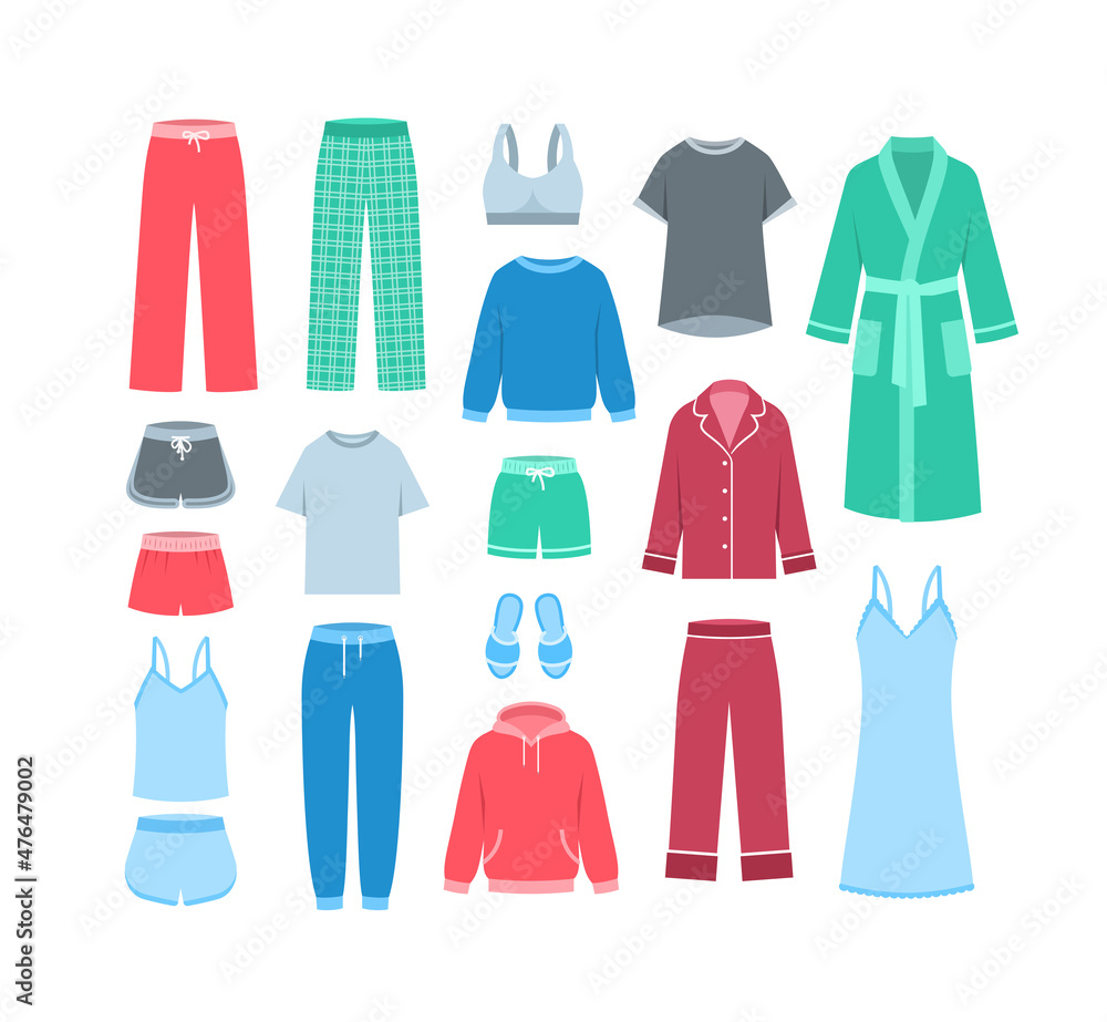 Vecteur Stock Women home clothes. Flat vector illustration. Comfortable  loungewear garments to wear at home. Pants, shirts, pajamas, bathrobe, cozy  sweatshirts, sweatpants and slippers. Different female clothing