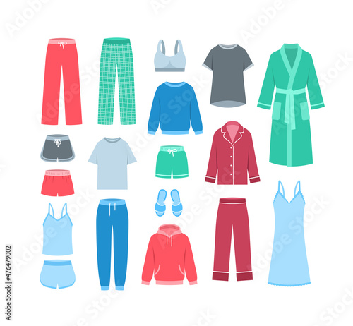 Women home clothes. Flat vector illustration. Comfortable loungewear garments to wear at home. Pants, shirts, pajamas, bathrobe, cozy sweatshirts, sweatpants and slippers. Different female clothing