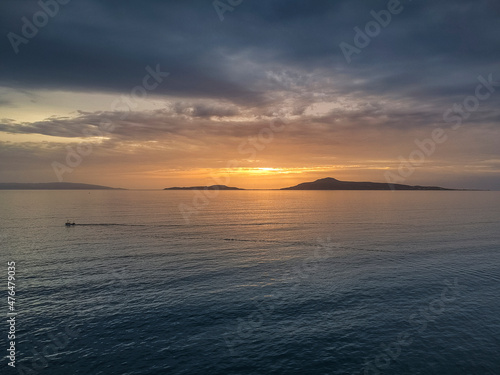 Aerial panoramic view of Elafonisos island over the Laconian gulf at sunset in Peloponnese  Greece  Europe.