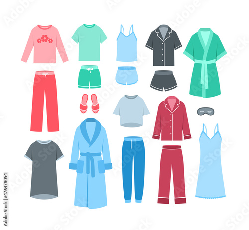 Women home clothes sleepwear. Flat vector illustration. Comfortable loungewear garments to wear in bed. Pants and shorts with shirts and tops, pajamas, bathrobes, nightdress, sweatpants and slippers © vectorikart