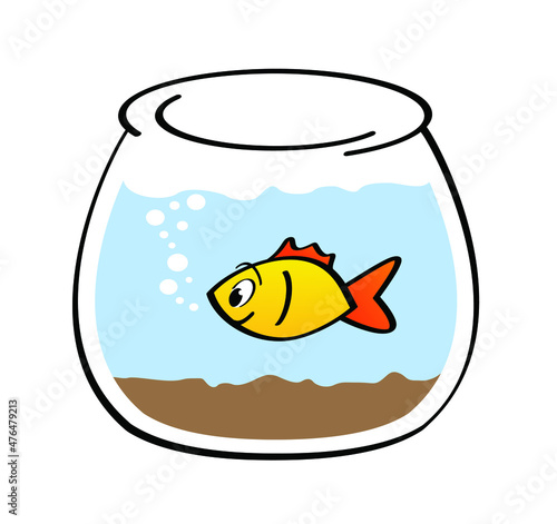 cartoon, comic fish bowl or aquarium. Goldfish in a bowl. Fishbones or fishbone sign. Swims underwater. Vector swimming in the sea, ocean icon or pictogram.