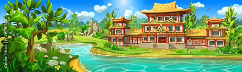 Asian ancient palace with towers on the banks of a picturesque river. Red dragon temple with golden roofs surrounded by forest and mountains. 