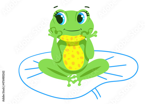 cute little dreamy frog is sitting on water lily  isolated on white background. Illustration with bright character