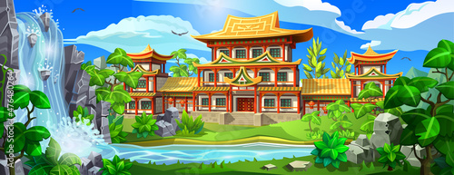 Asian ancient palace with towers on the banks of a picturesque river, near a waterfall. A temple with red columns and golden roofs surrounded by deciduous forest.