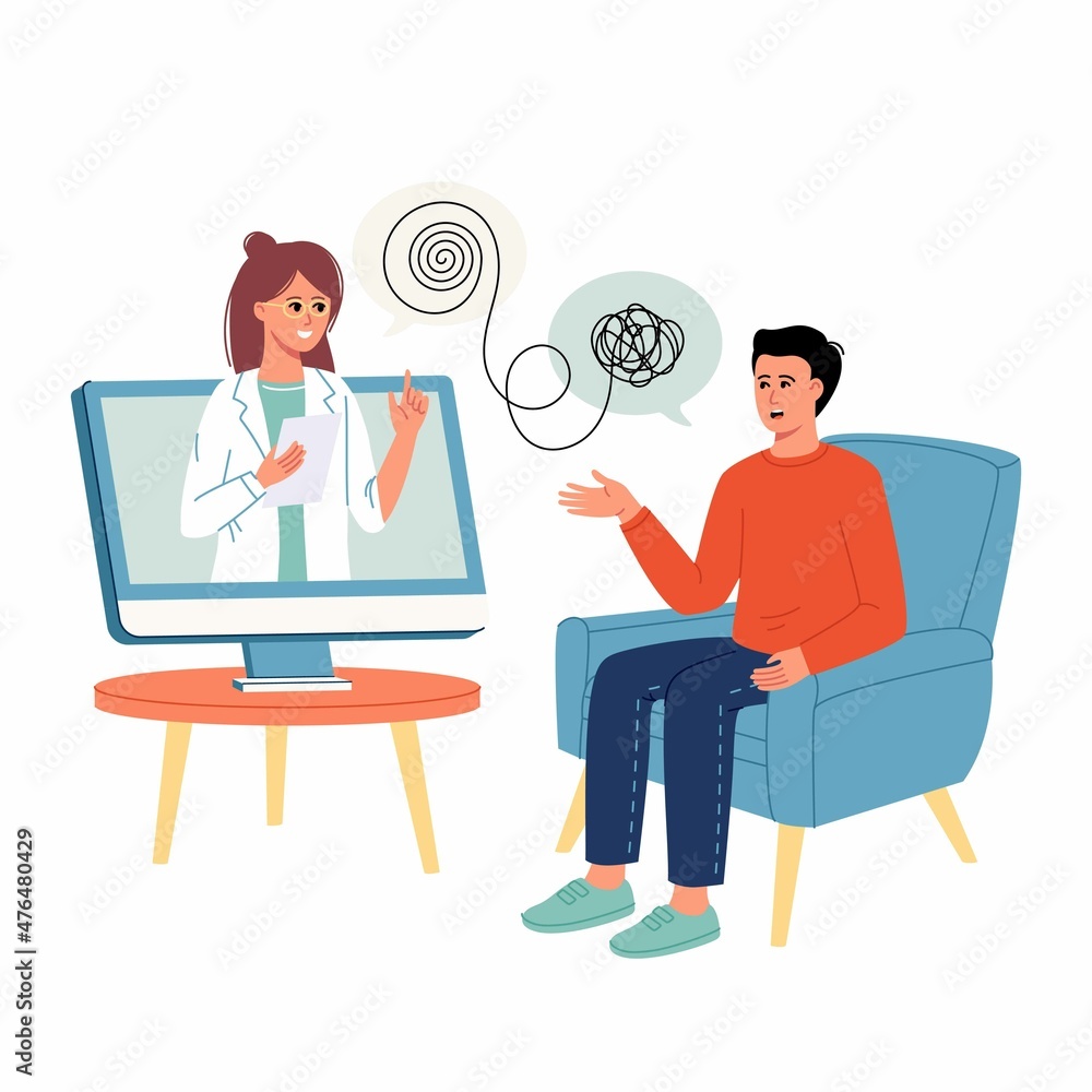 Psychologist doctor online consultation. Psychotherapy practice, psychological help, psychiatrist woman consulting patient man. Psychology. Trendy flat cartoon style. Vector illustration on white back