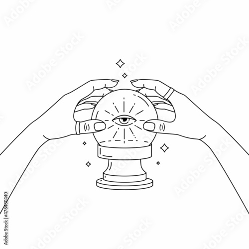 Magic crystal ball with eye of providence in hands of fortune teller. Boho chic line art tattoo, poster or altar veil print design vector line art and dot work illustration