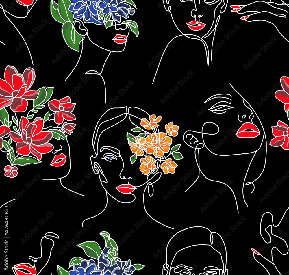 custom made wallpaper toronto digitalAbstract drawing of women's faces with white lines with flowers instead of hair on a black background painted in bright colors.Seamless pattern.