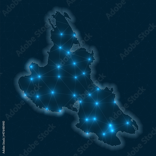 Krk network map. Abstract geometric map of the island. Digital connections and telecommunication design. Glowing internet network. Powerful vector illustration.