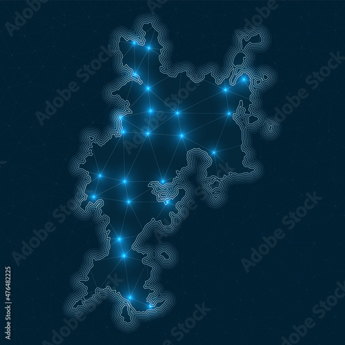 Komodo network map. Abstract geometric map of the island. Digital connections and telecommunication design. Glowing internet network. Charming vector illustration.