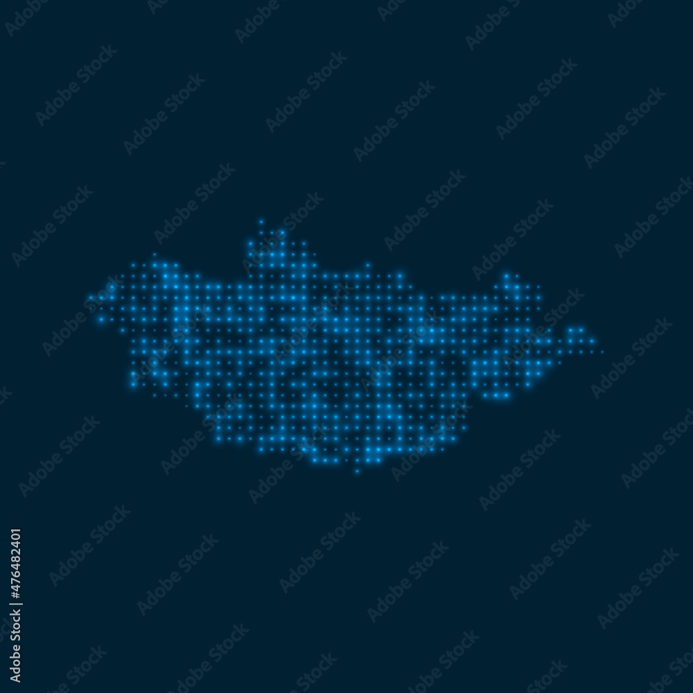 Mongolia dotted glowing map. Shape of the country with blue bright bulbs. Vector illustration.