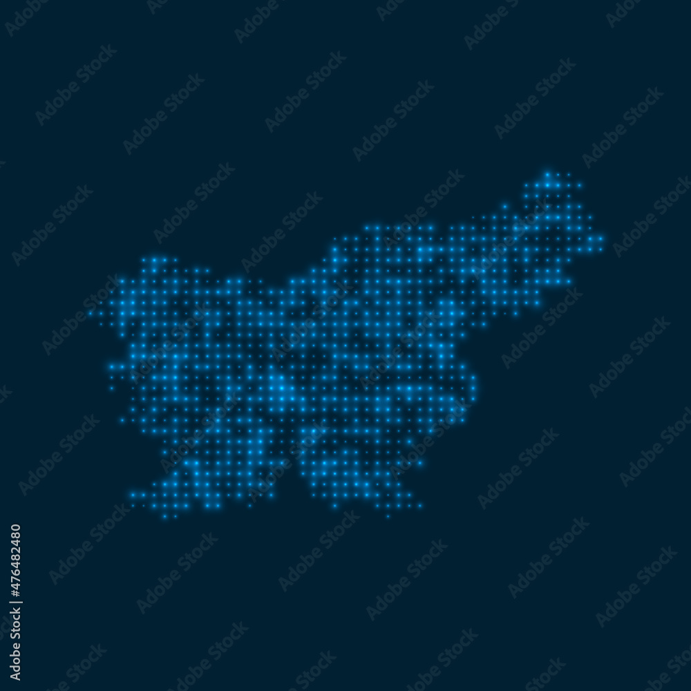 Slovenia dotted glowing map. Shape of the country with blue bright bulbs. Vector illustration.