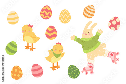 Easter bunny, chiken and eggs. Hand drawn rabbit on roller skates. Easter eggs. Cartoon character hare. Stock vector illustration card on a white background.