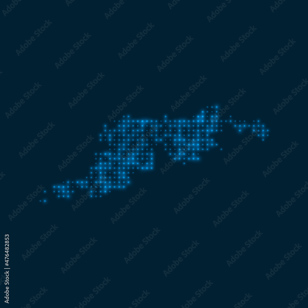 Tortola dotted glowing map. Shape of the island with blue bright bulbs. Vector illustration.