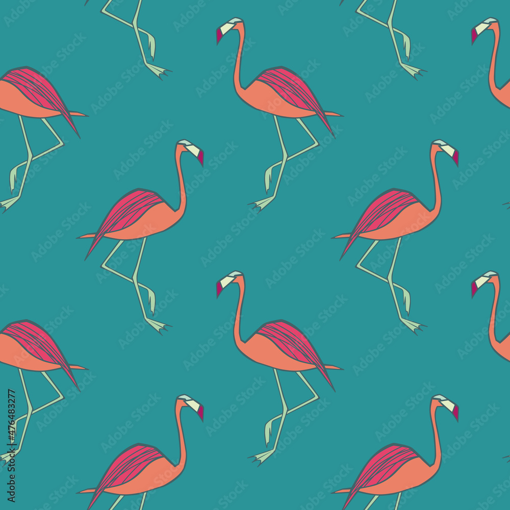 Naklejka premium Seamless flamingo bird pattern. Repeated orange animal on blue