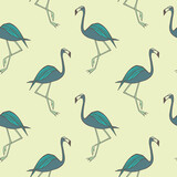 Seamless flamingo bird pattern. Repeated blue animal on yellow