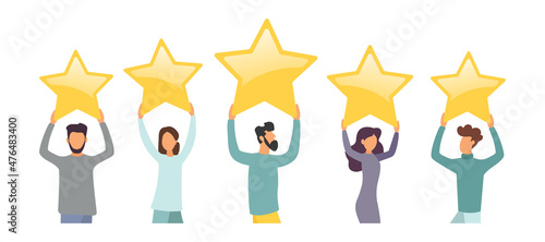 Buyers give feedback. People give reviews and ratings. Vector illustration. Flat style.