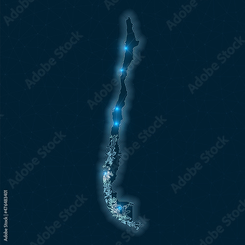 Chile network map. Abstract geometric map of the country. Digital connections and telecommunication design. Glowing internet network. Elegant vector illustration.