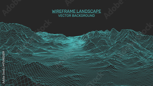 Abstract landscape background. Mesh structure. Polygonal wireframe background. 3d technology vector illustration